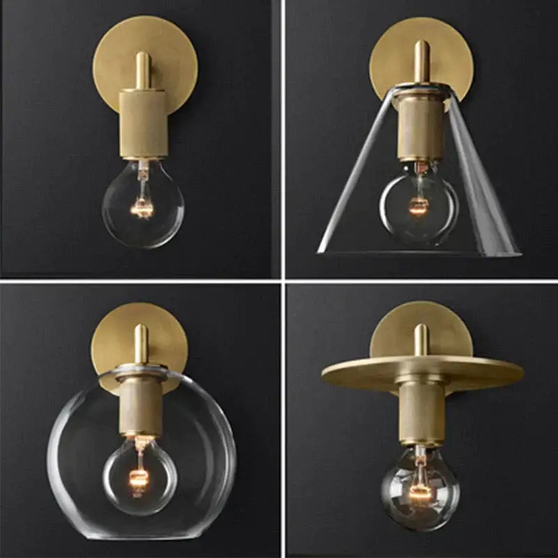 Brass glass wall lamp with exposed bulb four-view collage on Tampa Home & Garden Store