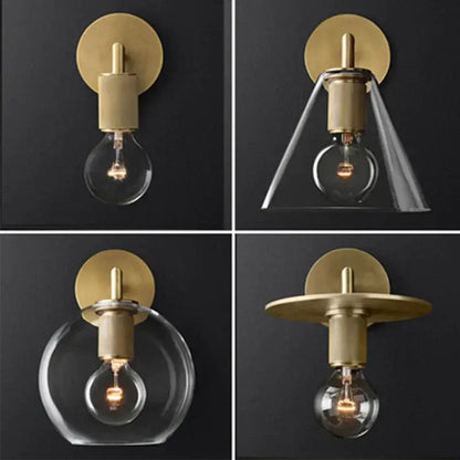 Brass glass wall lamp with exposed bulb four-view collage on Tampa Home & Garden Store