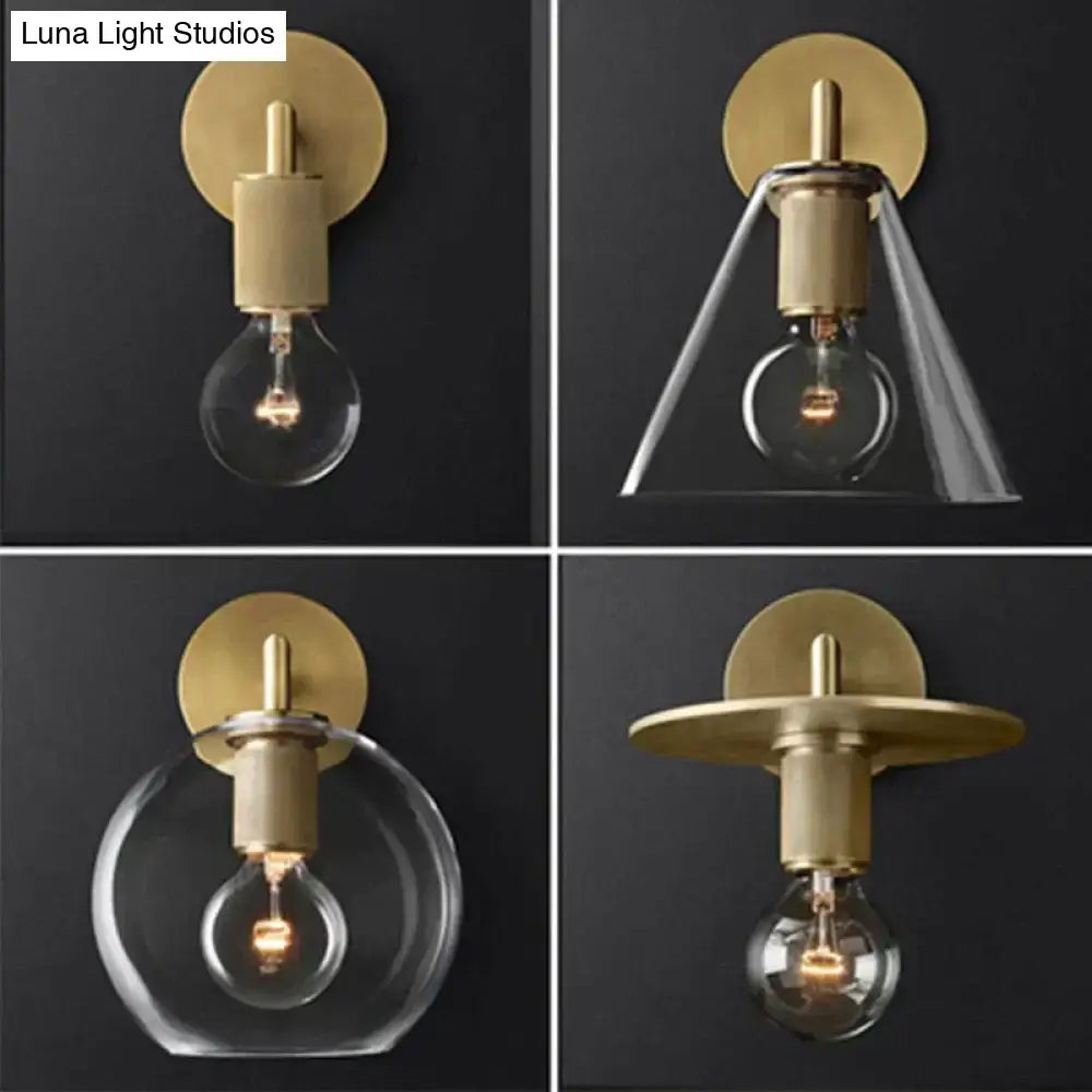 Brass Glass Wall Lamp by Decorbites; gold-tone brass with clear glass bulb, four styles on Tampa Home & Garden Store