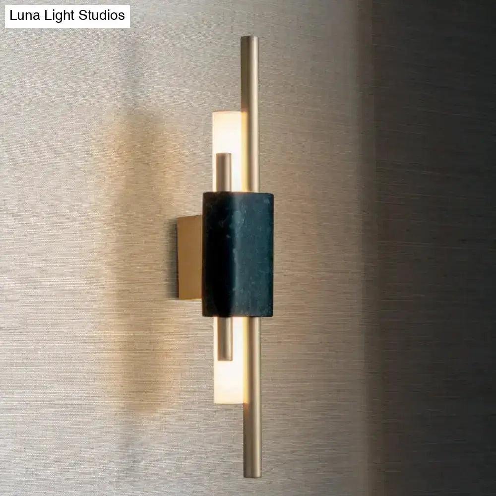 Modern brass and green marble LED wall lamp with vertical brass bar and dark green marble on Tampa Home & Garden Store