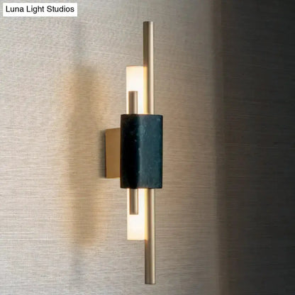 Modern brass and green marble LED wall lamp with vertical brass bar and dark green marble on Tampa Home & Garden Store