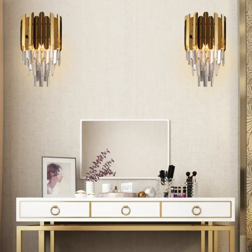 Pair of crystal brass wall sconces with ornate K9 crystal prisms by Decorbites on Tampa Home & Garden Store