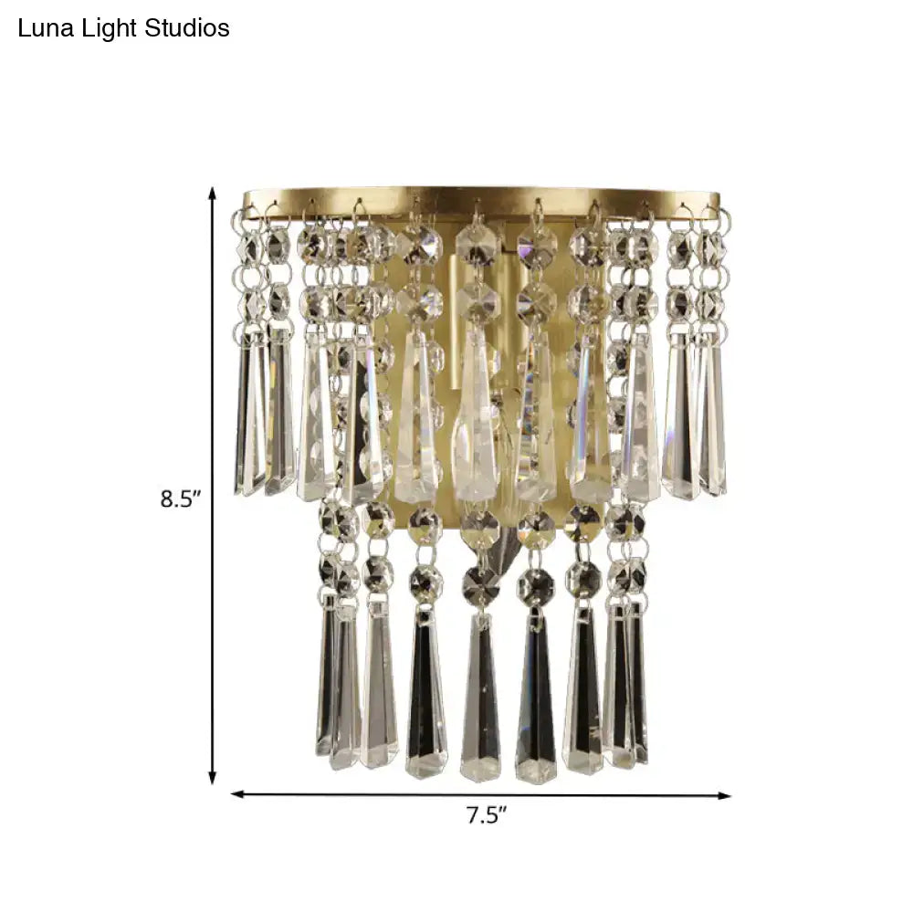 Brass crystal semi-round corridor sconce by Decorbites with hanging prisms on Tampa Home & Garden Store
