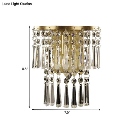 Brass crystal semi-round corridor sconce by Decorbites with hanging prisms on Tampa Home & Garden Store