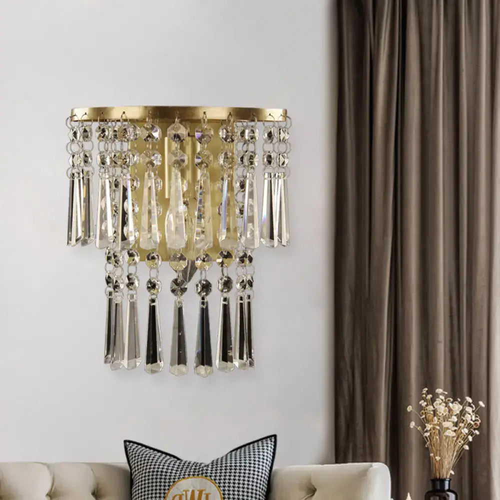 Decorbites brass crystal semi-round corridor sconce with hanging prisms on Tampa Home & Garden Store
