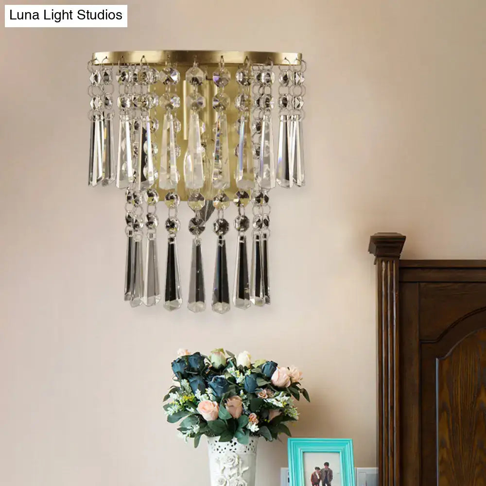 Brass crystal semi-round corridor sconce with dangling prisms by Decorbites on Tampa Home & Garden Store