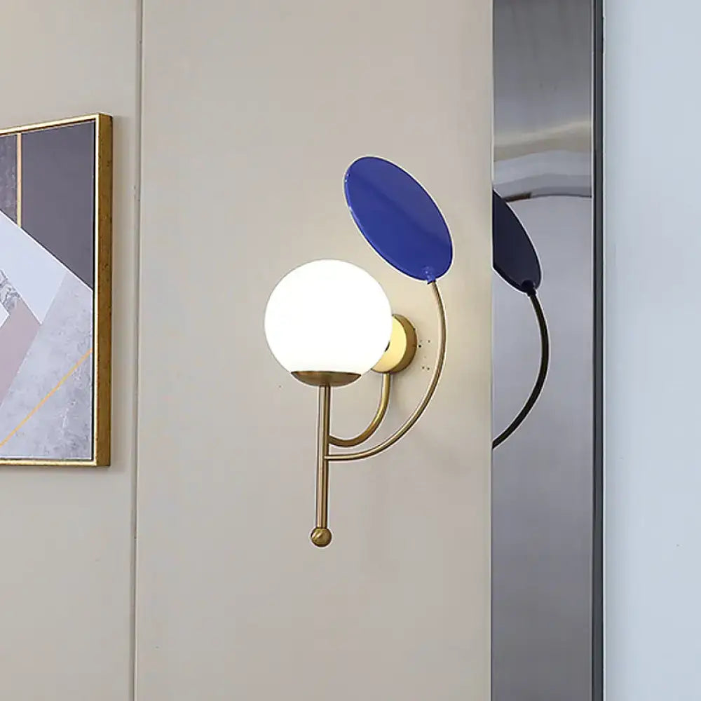 Brass Blue Frosted Sconce with globe light and blue accent leaf, wall-mount Decorbites on Tampa Home & Garden Store