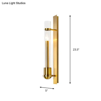Modern brass clear glass wall sconce with cylindrical shade by Decorbites, 23.5in tall 5in wide on Tampa Home & Garden Store