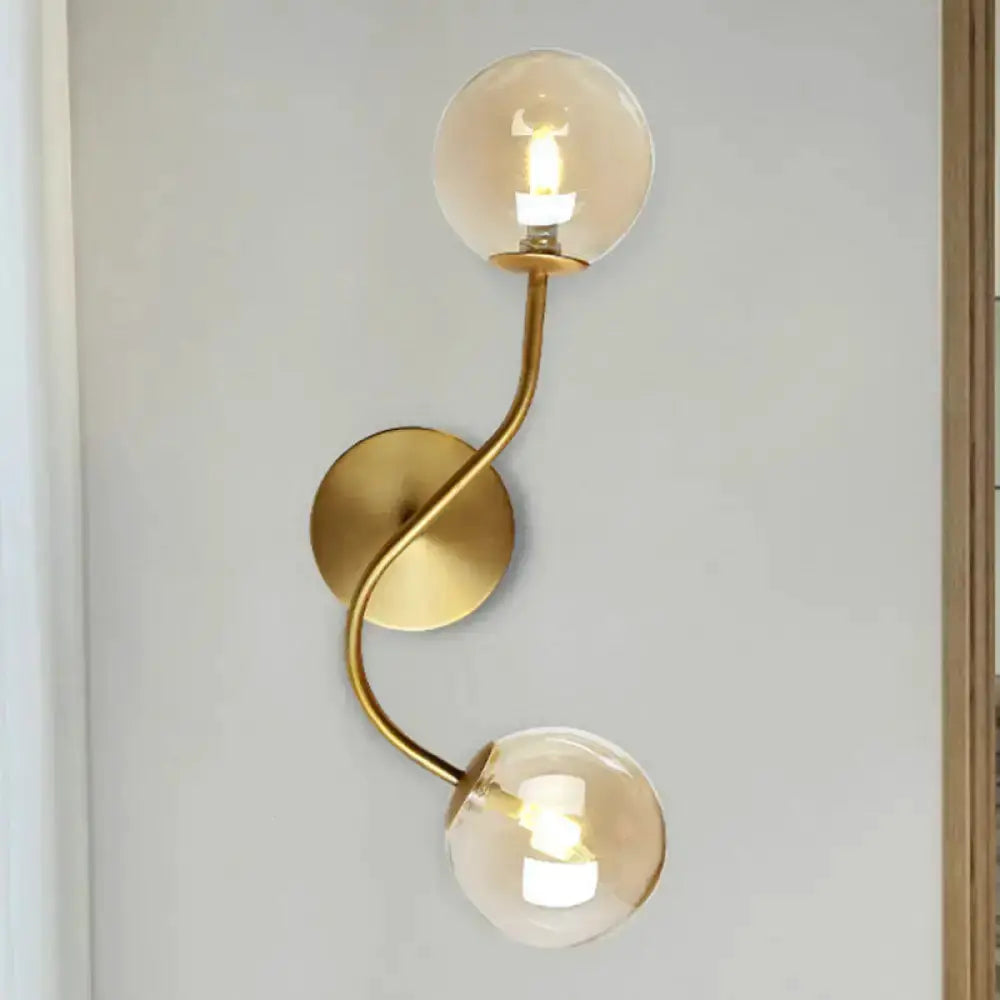 Modern Brass Clear Tan Glass Wall Lamp Two Light