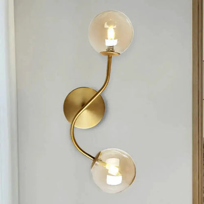 Modern Brass Clear Tan Glass Wall Lamp Two Light