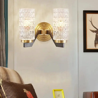 Brass Crystal Flush Wall Sconce and Bedside Lamp