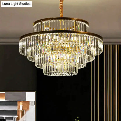 Modern brass crystal prism pendant light by Decorbites, multi-tier chandelier with clear prisms on Tampa Home & Garden Store