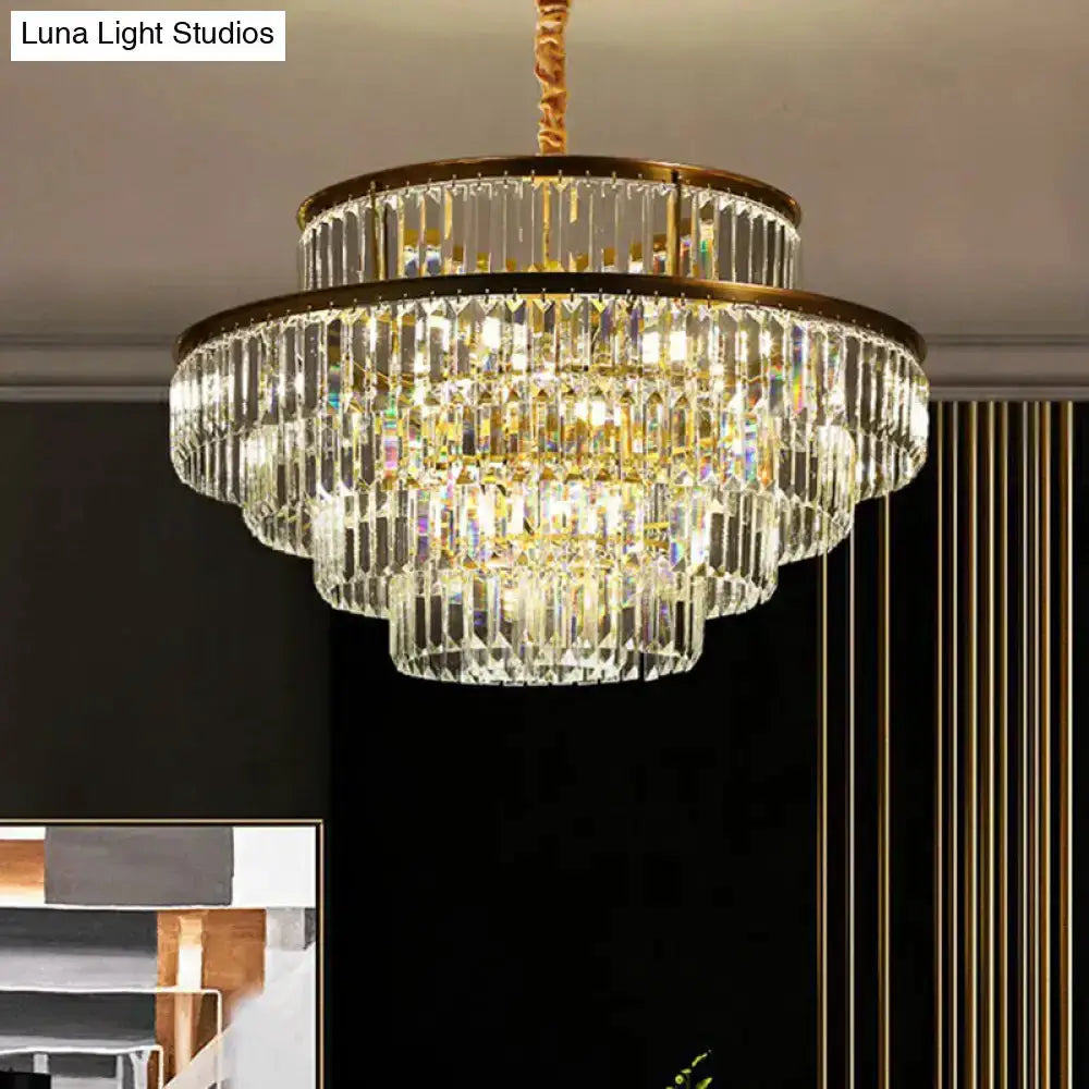 Modern brass crystal prism pendant light by Decorbites tiered living room chandelier on Tampa Home & Garden Store