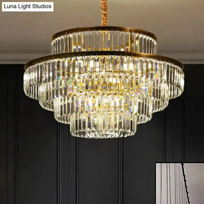 Modern brass crystal prism pendant light with tiered crystal strands for living room on Tampa Home & Garden Store