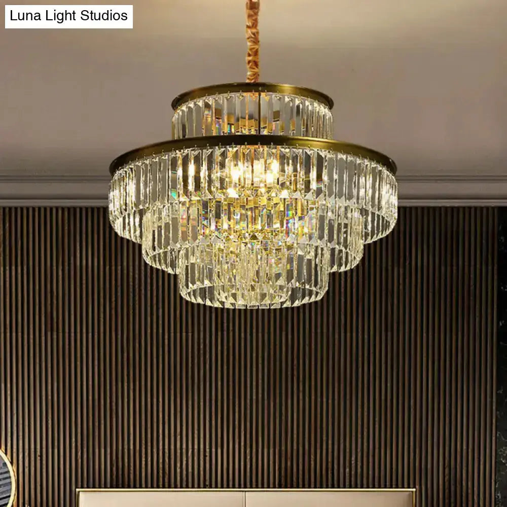 Modern brass crystal prism pendant light chandelier with tiered prisms for living room on Tampa Home & Garden Store