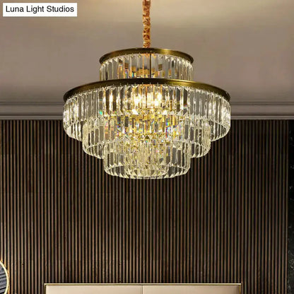 Modern brass crystal prism pendant light chandelier with tiered prisms for living room on Tampa Home & Garden Store
