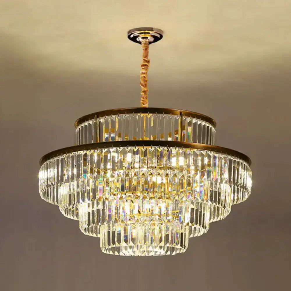 Modern brass crystal prism pendant light by Decorbites for living room, tiered chandelier on Tampa Home & Garden Store
