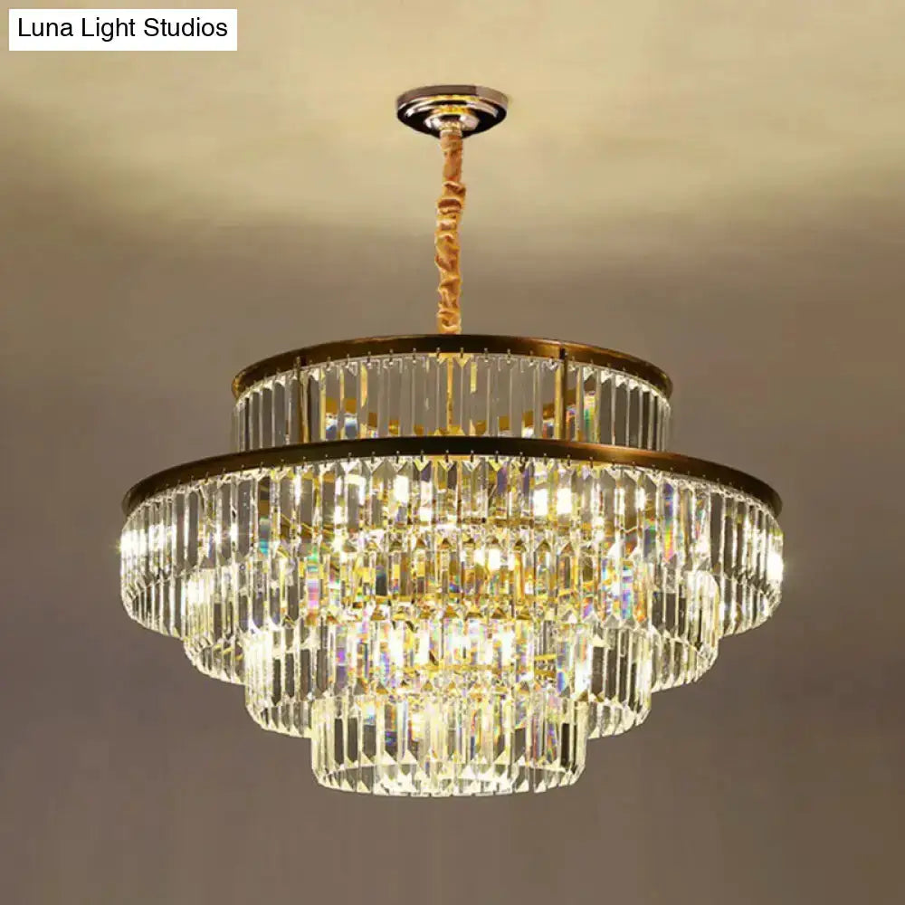 Modern brass crystal prism pendant light with tiered design for living room on Tampa Home & Garden Store