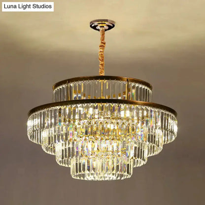 Modern brass crystal prism pendant light with tiered design for living room on Tampa Home & Garden Store