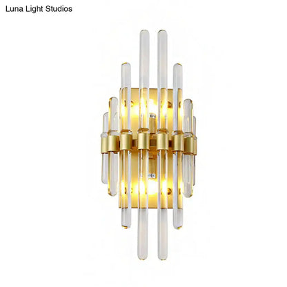 Modern brass crystal tube wall sconce by Decorbites, gold finish with vertical glass tubes on Tampa Home & Garden Store