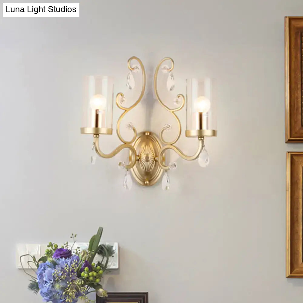Brass Crystal Glass 2-Bulb Sconce by Decorbites with curved arms and crystal drops on Tampa Home & Garden Store