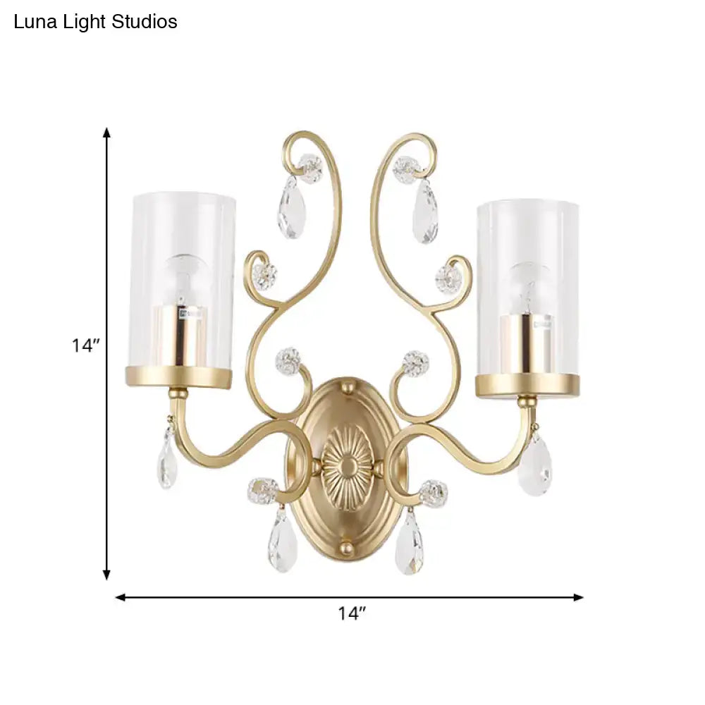 Brass Crystal Glass 2-Bulb Sconce by Decorbites, gold finish with crystal drops and glass shades on Tampa Home & Garden Store