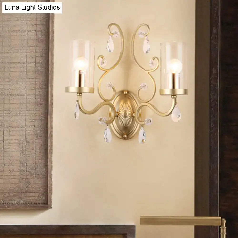 Brass Crystal Glass 2-Bulb Sconce by Decorbites, gold curved arms with crystal drops on Tampa Home & Garden Store