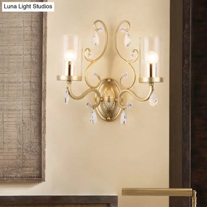 Brass Crystal Glass 2-Bulb Sconce by Decorbites, gold curved arms with crystal drops on Tampa Home & Garden Store