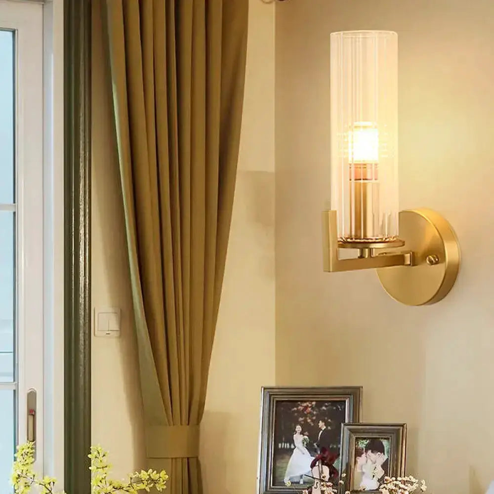 Modern brass crystal wall sconce by Decorbites, glass cylinder shade, 220–240V on Tampa Home & Garden Store