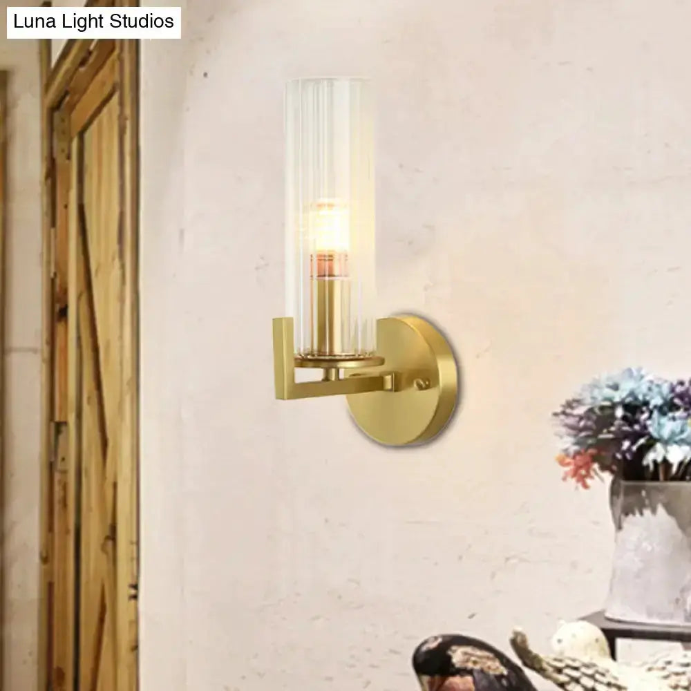Modern brass wall sconce with a tall ribbed glass shade, 220–240V, Decorbites on Tampa Home & Garden Store