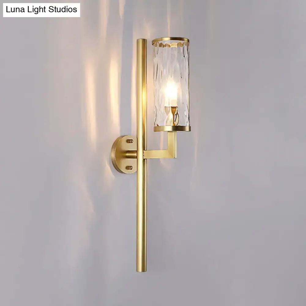 Brass cylinder glass sconce wall light with textured shade by Decorbites on Tampa Home & Garden Store