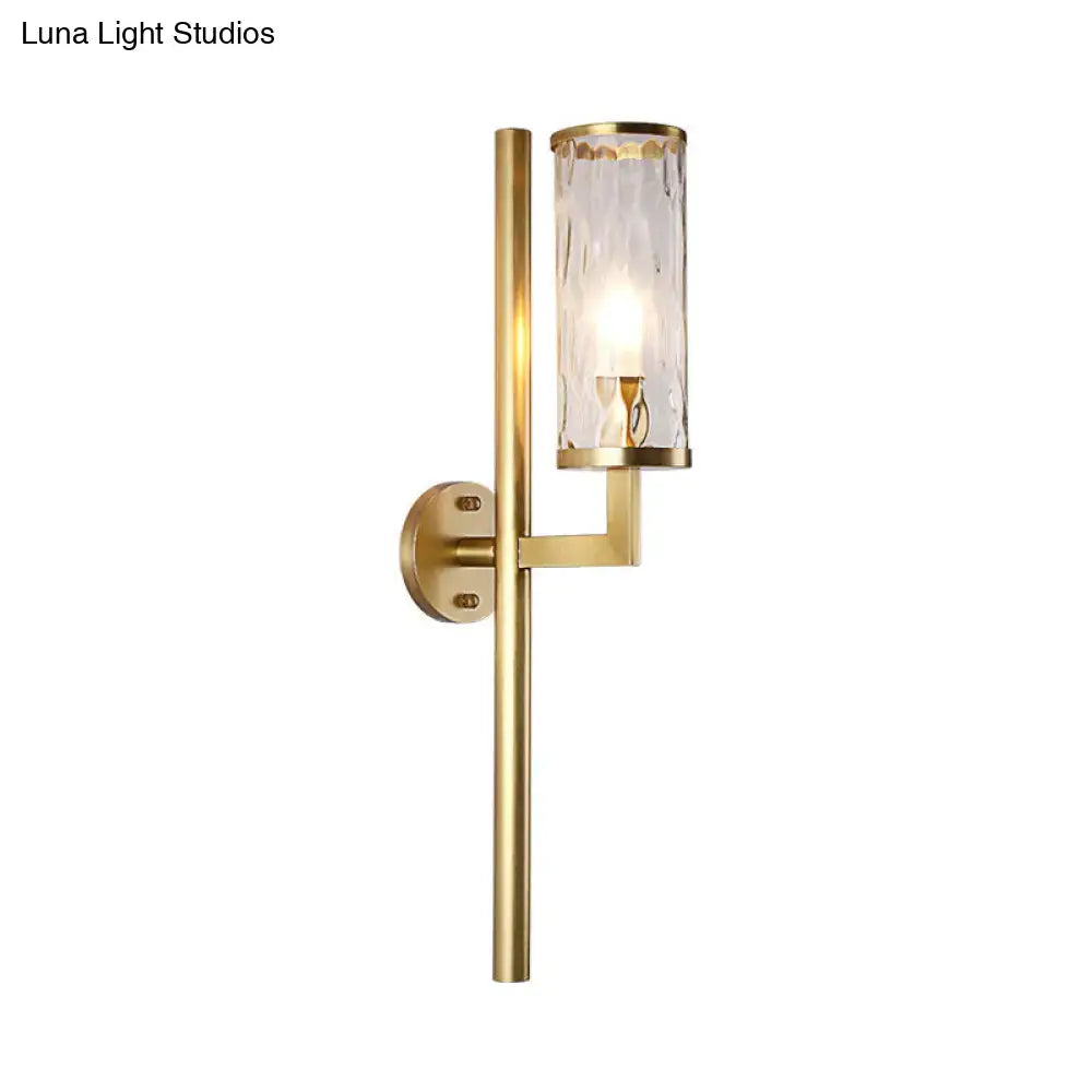 Brass cylinder glass sconce by Decorbites; wall-mount with textured glass shade on Tampa Home & Garden Store