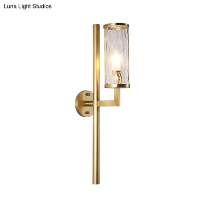 Brass cylinder glass sconce by Decorbites; wall-mount with textured glass shade on Tampa Home & Garden Store