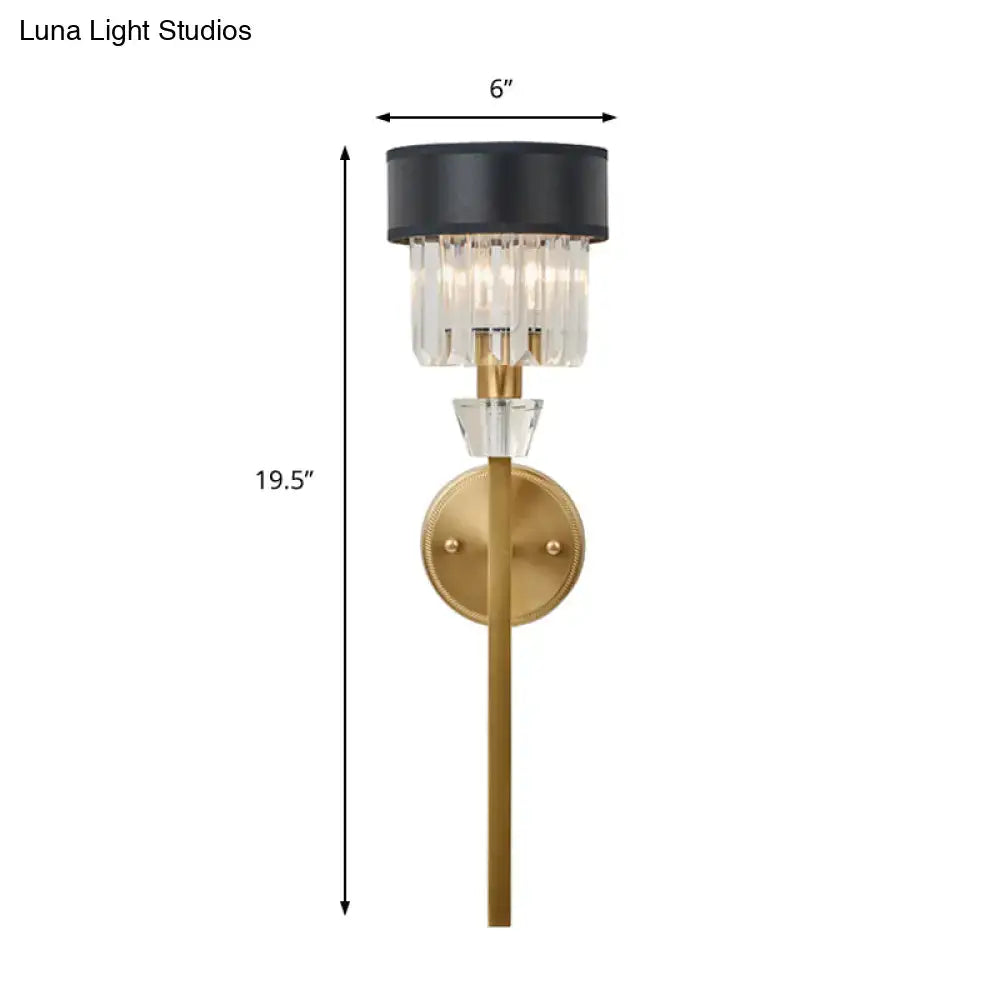 Brass fabric shade sconce with black cylindrical shade and crystal accent Decorbites on Tampa Home & Garden Store