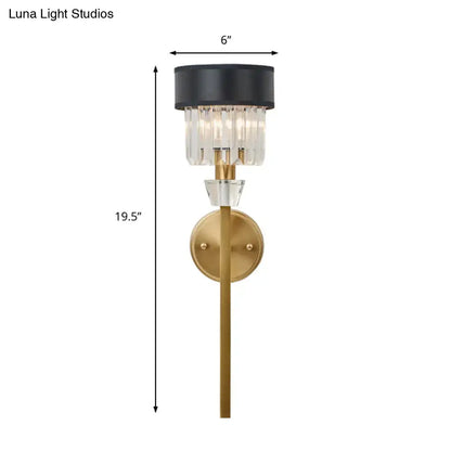Brass fabric shade sconce with black cylindrical shade and crystal accent Decorbites on Tampa Home & Garden Store