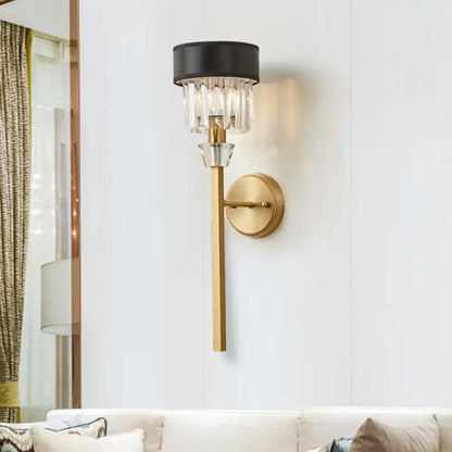 Brass fabric shade sconce with cylinder design, crystal accents, wall mount by Decorbites on Tampa Home & Garden Store