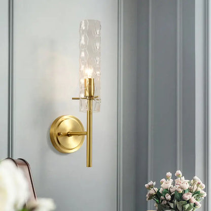 Brass Dimpled Glass Wall Light sconce by Decorbites; gold finish, clear textured cylinder on Tampa Home & Garden Store