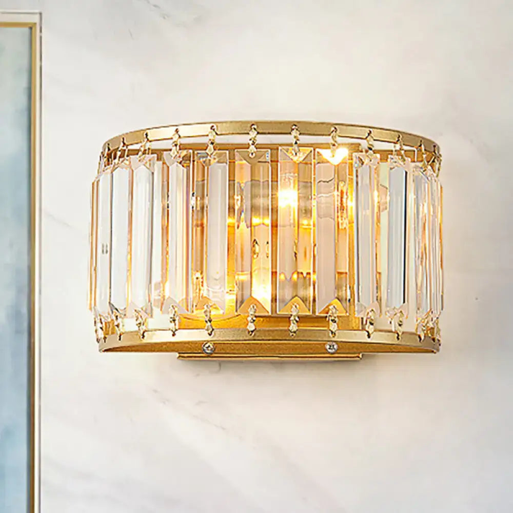 Brass crystal drum wall sconce, gold finish with hanging crystal prisms by Decorbites on Tampa Home & Garden Store