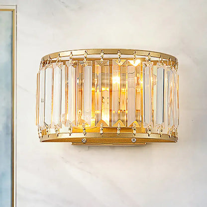 Brass crystal drum wall sconce, gold finish with hanging crystal prisms by Decorbites on Tampa Home & Garden Store