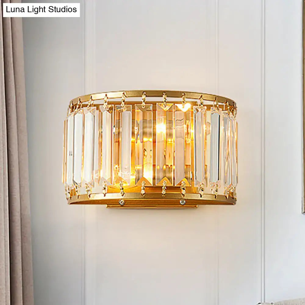 Brass crystal drum wall sconce with gold finish and hanging prisms by Decorbites on Tampa Home & Garden Store