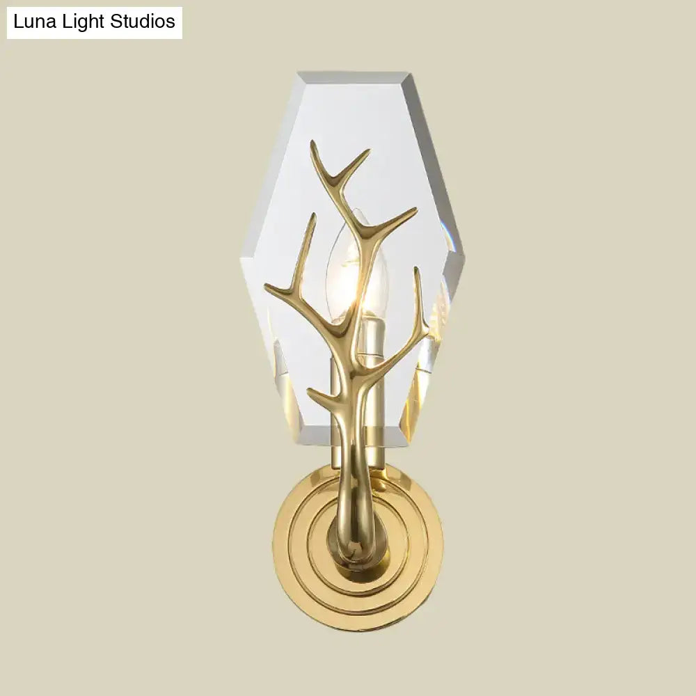 Brass Antler Wall Lamp by Decorbites with gold-tone antlers and clear geometric shade on Tampa Home & Garden Store