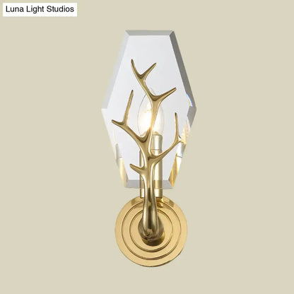 Brass Antler Wall Lamp by Decorbites with gold-tone antlers and clear geometric shade on Tampa Home & Garden Store