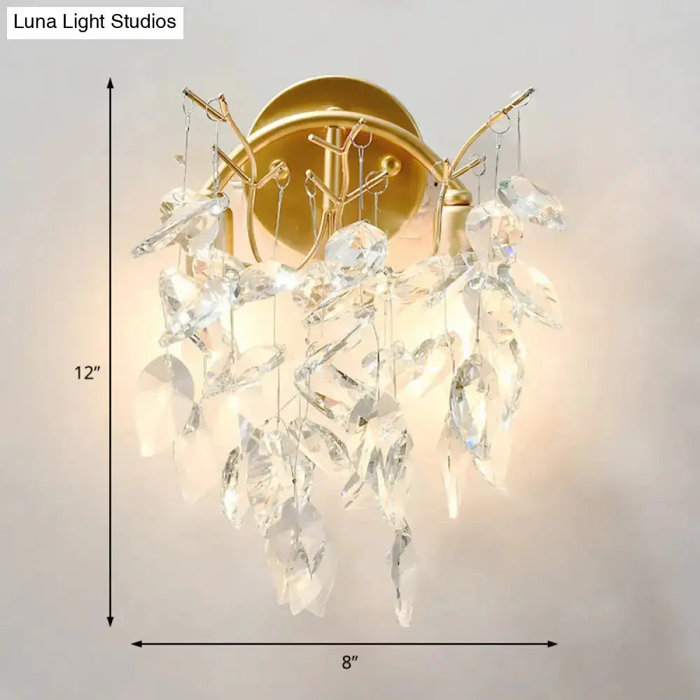 Modern brass finish crystal leaf wall light fixture with hanging prisms by Decorbites on Tampa Home & Garden Store