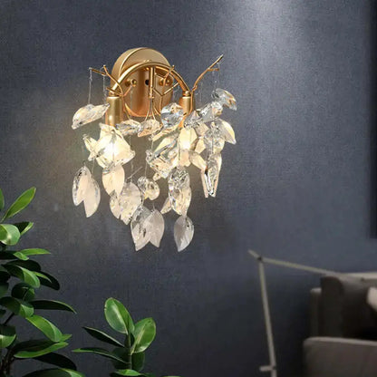 Modern brass finish crystal leaf wall light fixture sconce with hanging crystal leaves Decorbites on Tampa Home & Garden Store