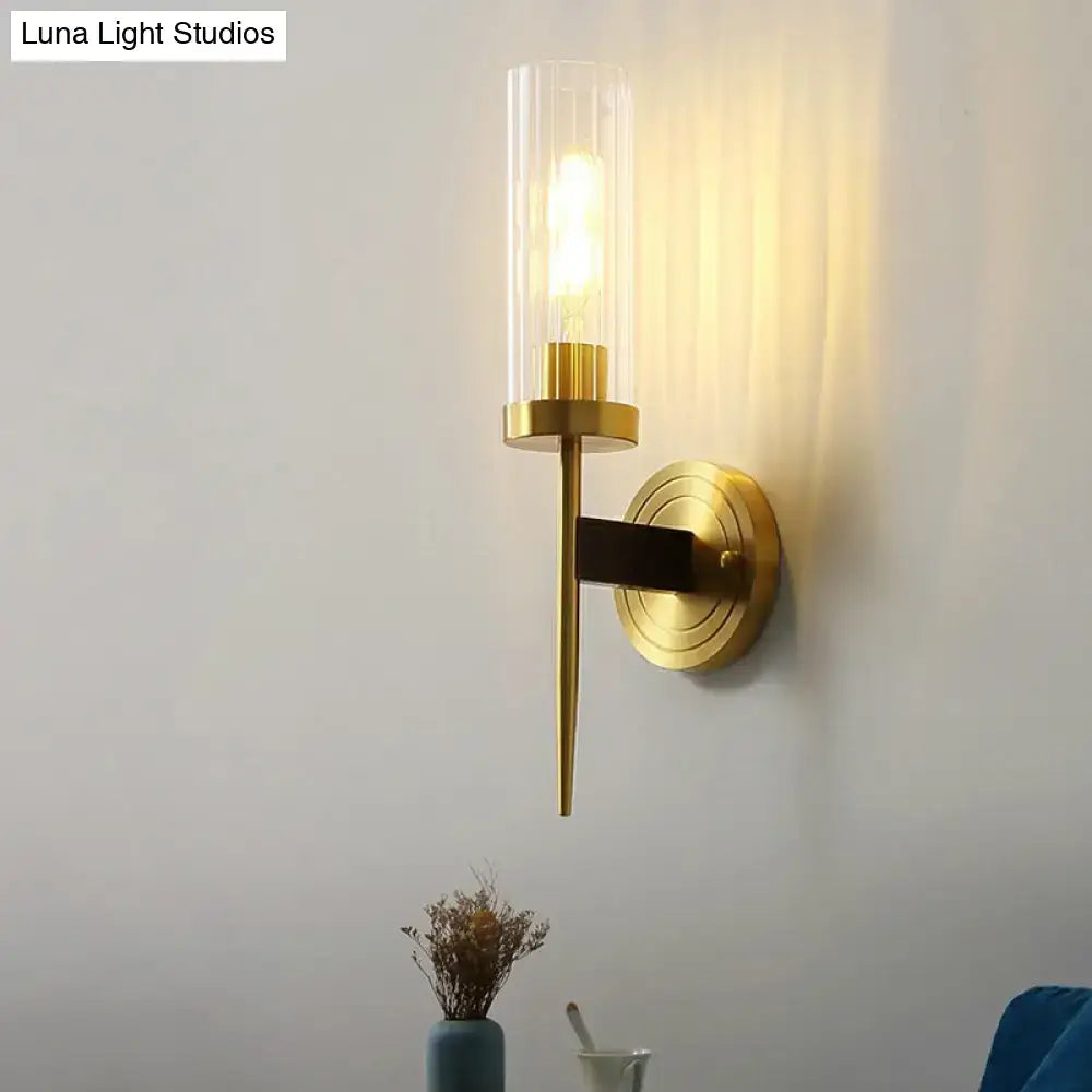 Brass Glass Tube Wall Light by Decorbites with clear glass shade and round backplate on Tampa Home & Garden Store