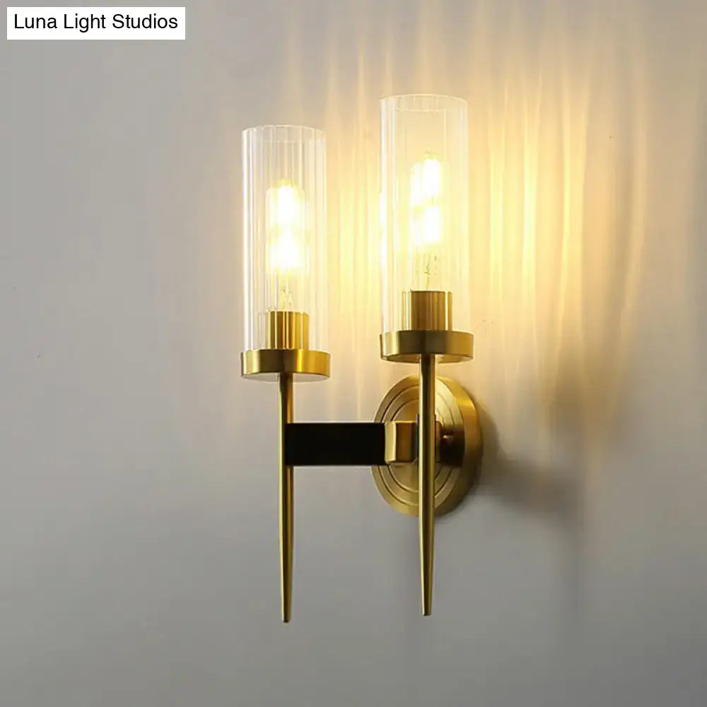 Brass Glass Tube Wall Light with twin clear cylinders and gold hardware on Tampa Home & Garden Store