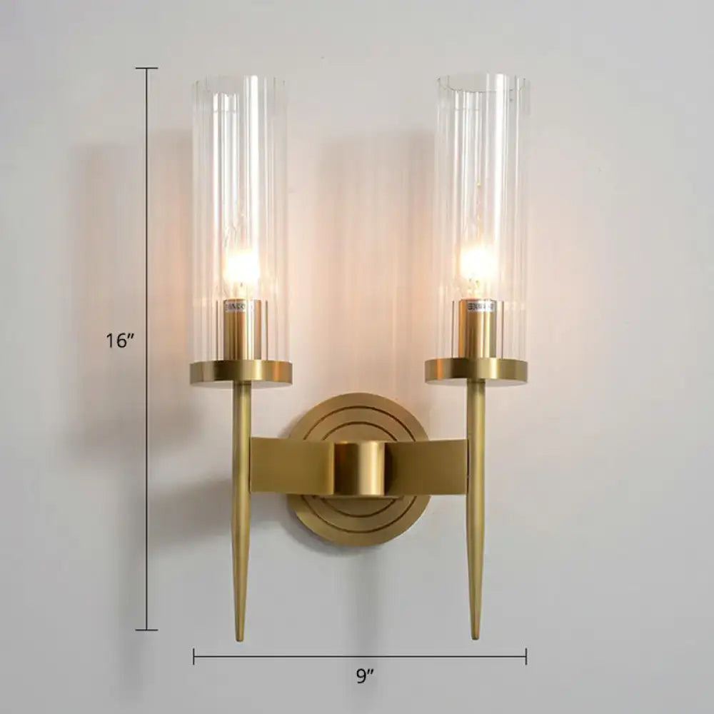 Decorbites Brass Glass Tube Wall Light with dual candle bulbs on Tampa Home & Garden Store