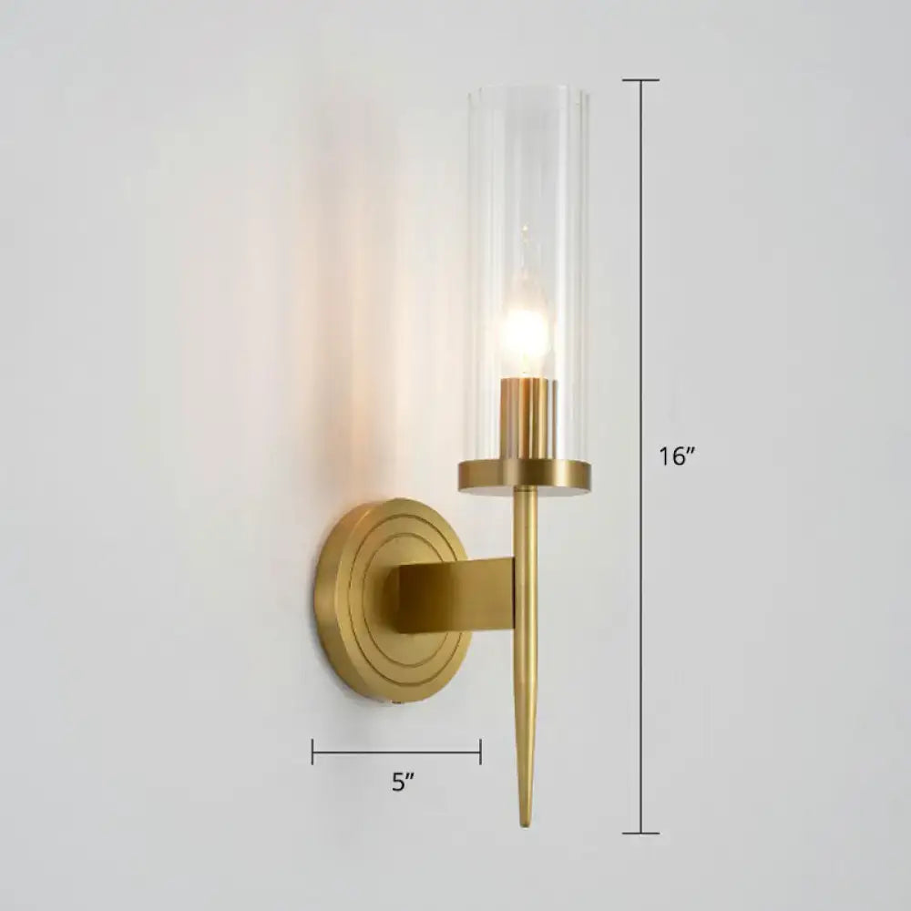 Brass glass tube wall sconce by Decorbites, 16in tall with clear glass cylinder on Tampa Home & Garden Store