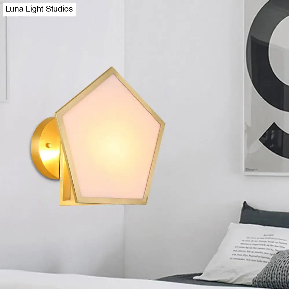 Brass pentagon wall lamp with frosted pink glass shade and gold backplate Decorbites on Tampa Home & Garden Store