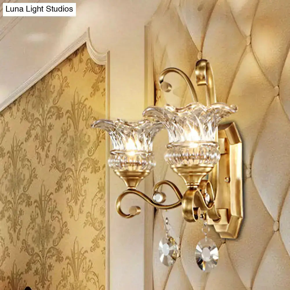 Brass Flower Sconce Wall Lamp with Crystal Accent